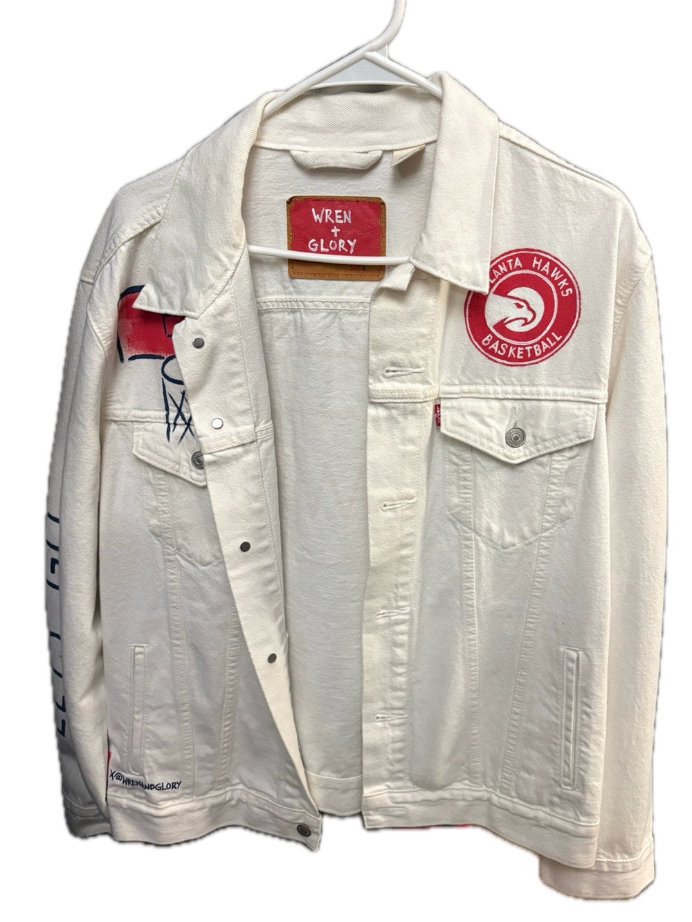 Handpainted Atlanta Hawks Custom Wren + Glory White/Cream Denim Jacket - Size L